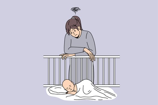 Unhappy young woman near baby crib thinking struggling with postpartum depression. Upset tired mother suffer from psychological emotional mental problems after pregnancy. Vector illustration.