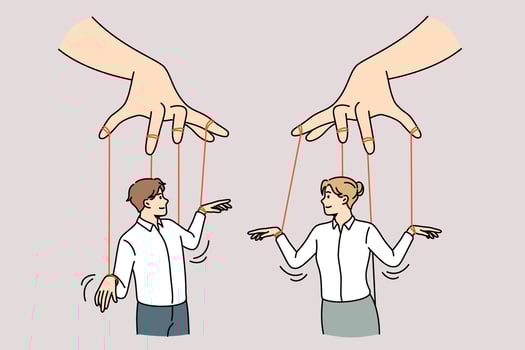 Social influence and independence concept. Human hands holding two business people with threads as marionettes vector illustration