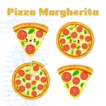 Funny cute happy pizza margherita characters bundle set. Vector hand drawn doodle style cartoon character illustration icon design. Cute pizza margherita mascot character collection