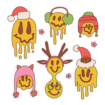 Christmas set with groovy emojis in different holiday hats. Hippie smile with Santa hat in 70s retro style. Melting faces. Contour hand drawn vector illustration.