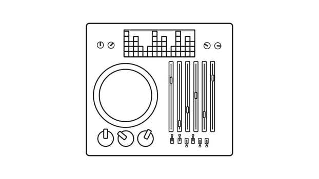 Old retro vintage audio music equipment vinyl dj board with sliders and cranks and buttons from the 70s, 80s, 90s. Black and white icon. Vector illustration