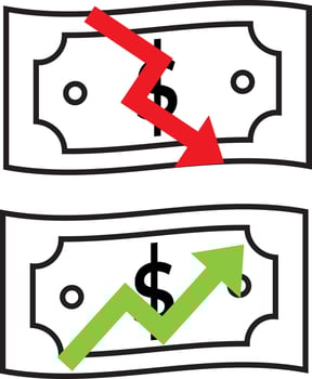 banknotes with down and up arrow symbols, for recession concept vector