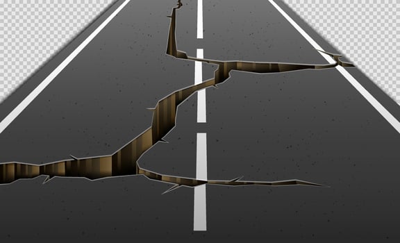 Cracks in Asphalt Roads caused by Earthquakes. Cracks on the Highway on a Transparent Background. Vector Illustration