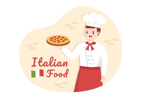 Italian Food Restaurant or Cafeteria with Chef Making Traditional Italian Dishes Pizza or Pasta in Hand Drawn Cartoon Template Illustration vector