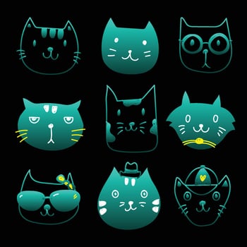 Draw set of cat face silhouette funny emotion vector