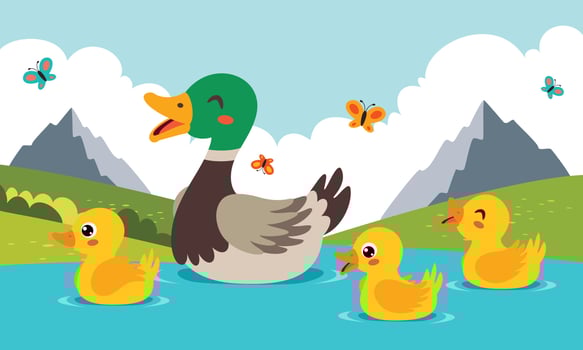 Mother And Baby Ducks Swimming At Lake vector