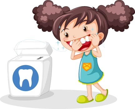 Cute girl cartoon character flossing teeth vector