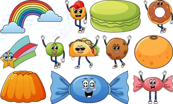 Set of objects and foods cartoon characters vector