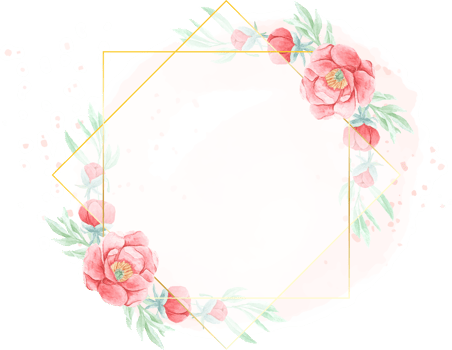 watercolor red peony with round golden wreath frame png