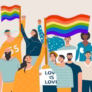 People placards posters with lgbt rainbow transgender flag, pride month, parade against violence, descrimination, human rights. vector