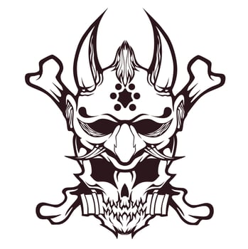 Illustration of skull head design and oni mask with two crossed bones vector