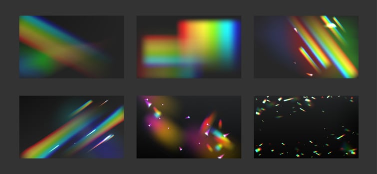 Rainbow crystal light beams, prism backgrounds vector