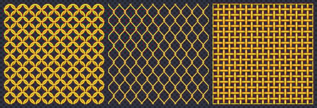 Gold metal grid or mesh texture, seamless pattern vector