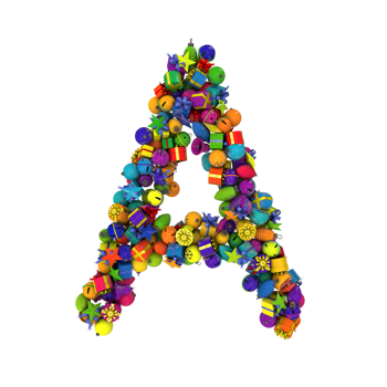 Holiday letters typography out of Christmas ornaments with vibrant random colors A png