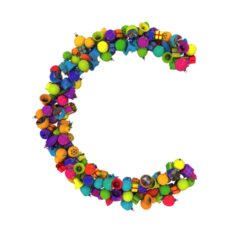 Holiday letters typography out of Christmas ornaments with vibrant random colors C png
