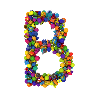 Holiday letters typography out of Christmas ornaments with vibrant random colors B png