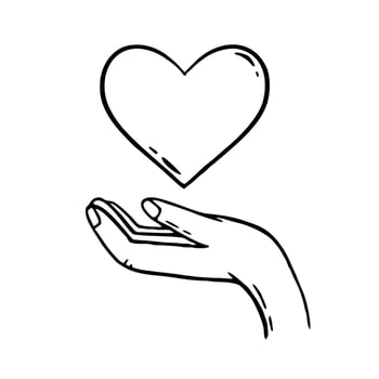Heart in hand. Charity donation for health. Vector illustration of a doodle