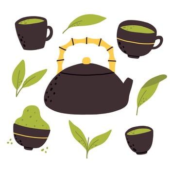 Matcha tea. Vector set of organic tea matcha powder, tea leaves, teapot, traditional cup. Green tea ceremony. Healthy drink.