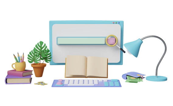computer monitor with blank search bar, magnifying glass, book, lamp, coffee cup, pencil isolated. web search engine or web browsing concept,3d illustration or 3d render png