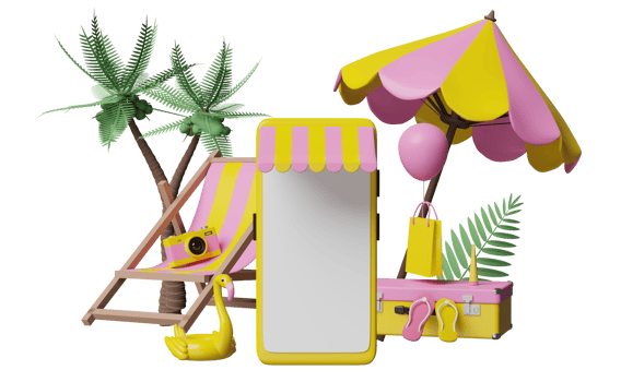 mobile phone, smartphone store front with suitcase, beach chair, Inflatable flamingo, palm leaf, shopping paper bags, umbrella, online shopping summer sale concept, 3d illustration or 3d render png