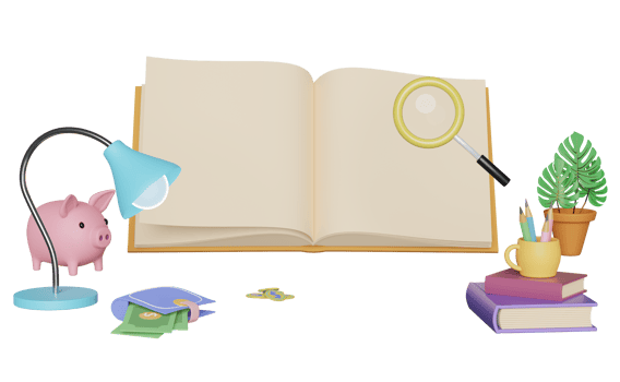 open book with magnifying glass, lamp, coffee cup, pencil, wallet isolated. concept 3d illustration or 3d render png