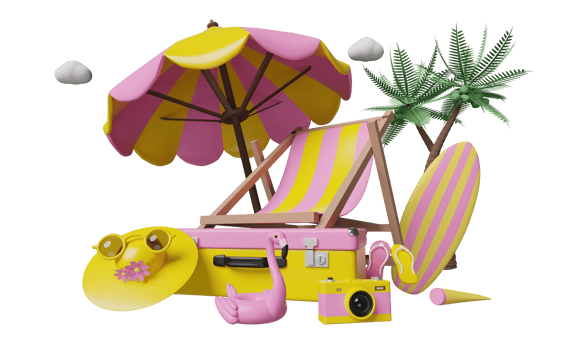 summer travel with yellow pink suitcase, beach chair, sunglasses, camera, umbrella, Inflatable flamingo, sandals, hat, palm, camera isolated. concept 3d illustration or 3d render png
