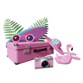 summer travel with pink suitcase, sunglasses, surfboard, Inflatable flamingo, palm, sandals, hat, camera isolated. concept 3d illustration, 3d render png