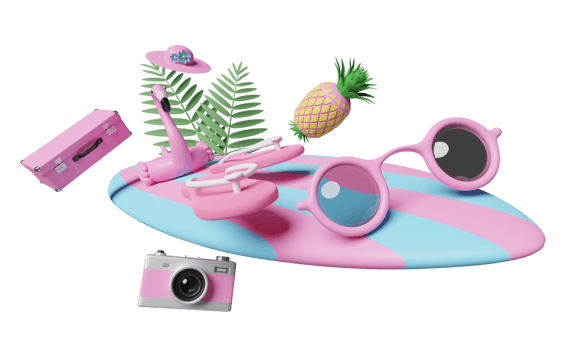 summer travel with pink suitcase, sunglasses, surfboard, Inflatable flamingo, palm, sandals, hat, camera isolated. concept 3d illustration or 3d render png