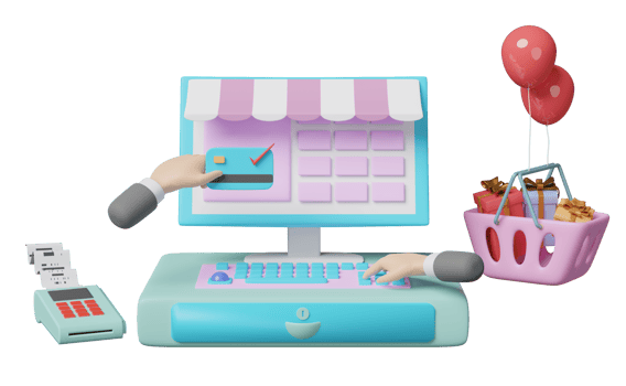 cash register machine with pos terminal, electronic bill payment, invoice or paper check receipt, businessman hand, shopping basket, gift box isolated. 3d illustration or 3d render png
