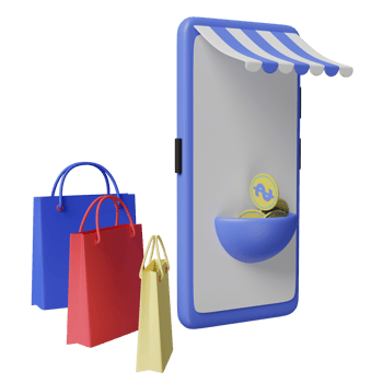 mobile phone or smartphone with store front, shopping paper bags  isolated. franchise business or online shopping concept, 3d illustration or 3d render png