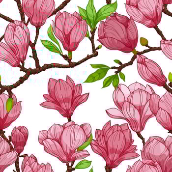 pink blossom magnolia flowers, seamless pattern. hand drawn illustration vector