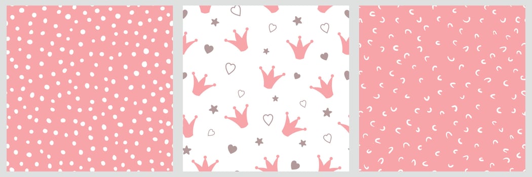 Pink girly seamless pattern. Hand drawn dotted seamless irregular background Textile design for baby girls with crowns. Cute fabric pink prints for cloth. Princess Delicate dotted vector illustration.