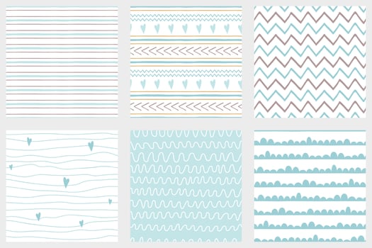 Baby boy shower blue collection Hand drawn seamless pattern set Blue simple textures background fabric cloth Stripes lines zig zag stroke irregular graphic childish design Cute vector illustration.
