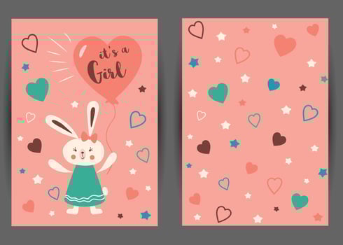 Its a girl Set of pink card templates for invitations. Baby girl Rabbit with heart balloon. Cute starry pink background. Invite banner for party baby shower children birthday. Vector illustration.