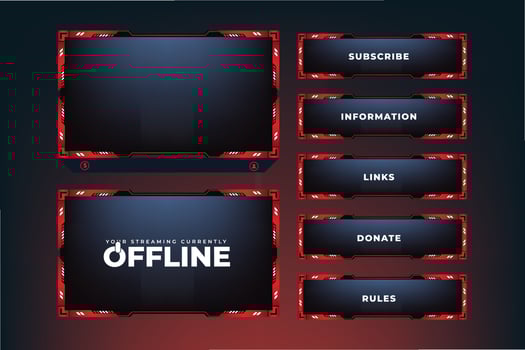 Futuristic red gaming overlay vector with abstract shapes. Online gaming screen panel decoration with offline screen and buttons. Live streaming overlay screen interface template for online gamers.