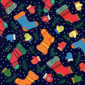 Decorative Cozy Christmas Background with Christmas Winter Socks and Mittens vector
