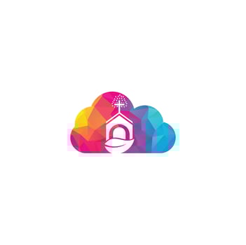 Church building cloud shape concept logo design. Template logo for churches and Christian. Cross church building logo. vector