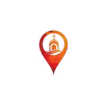 Church building map pin shape concept logo design. Template logo for churches and Christian. Cross church building logo. vector