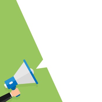Good news information alert from hand with megaphone or loudspeaker vector illustration, flat cartoon announce notification banner horizontal sign