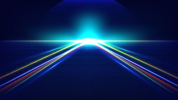 Abstract technology futuristic concept neon glowing lighting arrow lines way light burst on dark blue grid perspective background vector