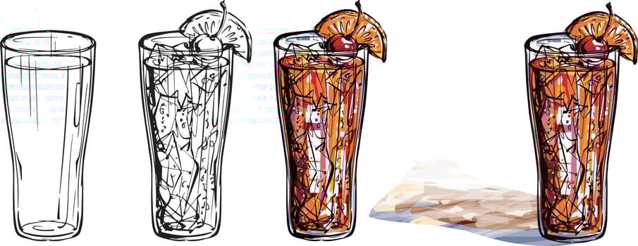 Cocktail glass set. Black and white and colour vector drawing. For colouring and illustration.
