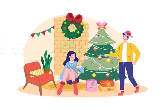 Couple decor Christmas tree together vector