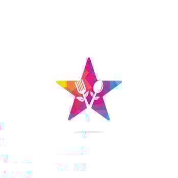 Healthy Food star shape concept Logo design. Organic Food Logo . Food logo with spoon, fork, and leaves. Food logo. Leaf cutlery healthy food Logo vector