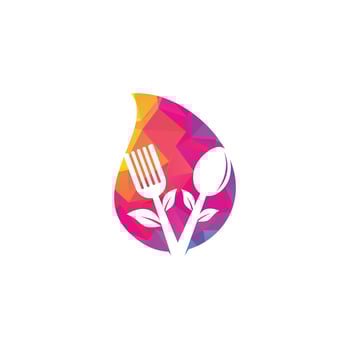 Healthy Food drop shape concept Logo design. Organic Food Logo . Food logo with spoon, fork, and leaves. Food logo. vector