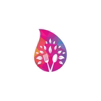 Healthy Food drop shape concept Logo design. Organic Food Logo . Food logo with spoon, fork, and leaves. Food logo vector