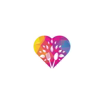 Healthy Food heart shape concept Logo design. Organic Food Logo . Food logo with spoon, fork, and leaves. Food logo vector