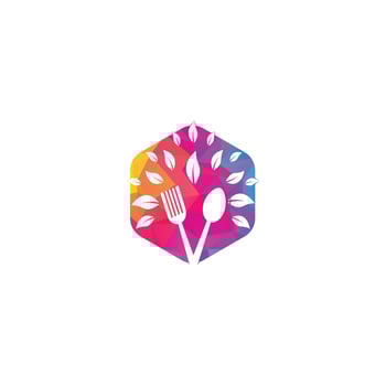 Healthy Food Logo design. Organic Food Logo . Food logo with spoon, fork, and leaves. Food logo. Leaf cutlery healthy food Logo vector