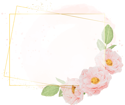 watercolor pink roses with golden wreath frame on watercolor background with copy space png