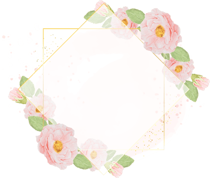 watercolor pink roses with golden wreath frame on watercolor background with copy space png