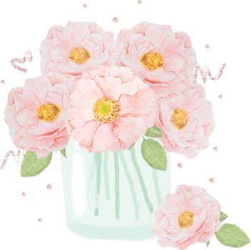 watercolor hand drawn pink english rose bouquet in glass with glitter png